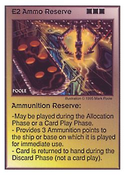 Need: 0    Want: 7    Have: 6    Will Trade: 0    In Storage: 0              E2 ‑ Ammo Reserve  Set: AT  Rarity: V1    Artist: Mark Poole    