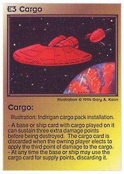 Need: 0    Want: 0    Have: 44 (+2)    Will Trade: 38    In Storage: 31              E3 ‑ Cargo (1st Print)  Set: PE  Rarity: U1    Artist: Gary A. Kalin    