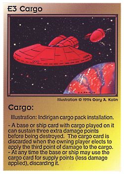 Need: 0    Want: 0    Have: 2 (+44)    Will Trade: 0    In Storage: 1              E3 ‑ Cargo (2nd Print)  Set: PE  Rarity: U2    Artist: Gary A. Kalin    