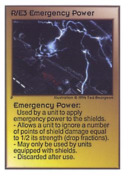 Need: 0    Want: 0    Have: 96 (+39)    Will Trade: 92    In Storage: 50              R/E3 ‑ Emergency Power  Set: UE  Rarity: R1    Artist: Ted Beargeon    