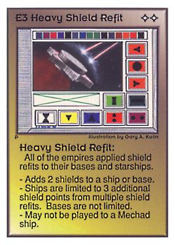 Need: 0    Want: 0    Have: 98 (+35)    Will Trade: 94    In Storage: 50              E3 ‑ Heavy Shield Refit  Set: UE  Rarity: R1    Artist: Gary A. Kalin    