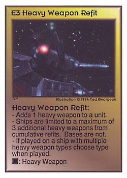 Need: 0    Want: 0    Have: 125 (+70)    Will Trade: 121    In Storage: 36              E3 ‑ Heavy Weapon Refit  Set: UE  Rarity: U1    Artist: Ted Beargeon    