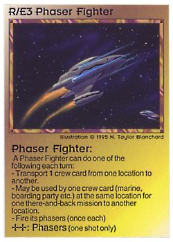 Need: 0    Want: 0    Have: 21    Will Trade: 13    In Storage: 8              R/E3 ‑ Phaser Fighter  Set: NE  Rarity: U1    Artist: N. Taylor Blanchard    