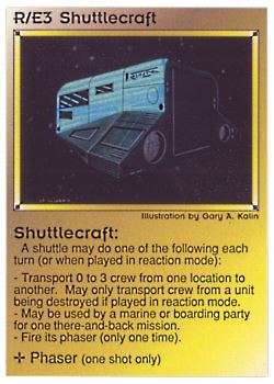 Need: 0    Want: 0    Have: 39 (+37)    Will Trade: 35    In Storage: 28              R/E3 ‑ Shuttlecraft (Left)  Set: PE  Rarity: C1    Artist: Gary A. Kalin    