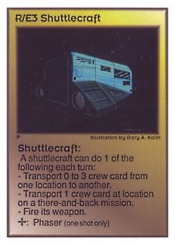 Need: 0    Want: 0    Have: 271 (+18)    Will Trade: 267    In Storage: 53              R/E3 ‑ Shuttlecraft (Right)  Set: UE  Rarity: C1    Artist: Gary A. Kalin    
