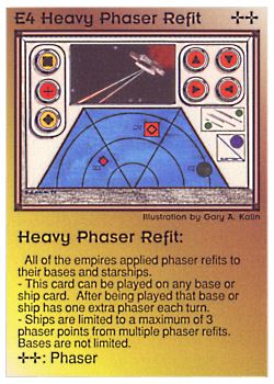 Need: 0    Want: 0    Have: 69 (+147)    Will Trade: 65    In Storage: 44              E4 ‑ Heavy Phaser Refit (1st Print)  Set: PE  Rarity: U1    Artist: Gary A. Kalin    
