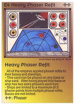 Need: 0    Want: 0    Have: 9 (+207)    Will Trade: 5    In Storage: 8              E4 ‑ Heavy Phaser Refit (2nd Print)  Set: PE  Rarity: U2    Artist: Gary A. Kalin    