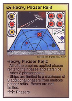 Need: 0    Want: 0    Have: 138 (+78)    Will Trade: 134    In Storage: 35              E4 ‑ Heavy Phaser Refit  Set: UE  Rarity: U1    Artist: Gary A. Kalin    