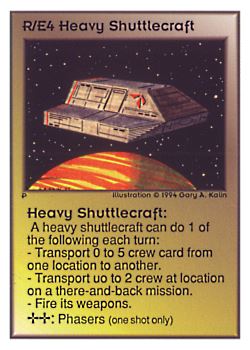 Need: 0    Want: 0    Have: 138 (+64)    Will Trade: 134    In Storage: 36              R/E4 ‑ Heavy Shuttlecraft  Set: UE  Rarity: U1    Artist: Gary A. Kalin    