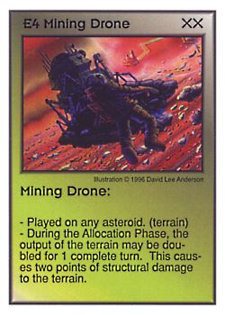 Need: 1    Want: 10    Have: 2    Will Trade: 0    In Storage: 0              E4 ‑ Mining Drone  Set: GI  Rarity: U1    Artist: David Lee Anderson    