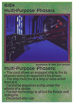 Need: 1    Want: 0    Have: 1 (+46)    Will Trade: 0    In Storage: 0              R/E4 ‑ Multi‑Purpose Phasers (Bolaar / 1st Print)  Set: PE  Rarity: R2    Artist: Dan Gillman    