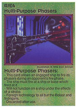 Need: 0    Want: 0    Have: 34 (+13)    Will Trade: 30    In Storage: 11              R/E4 ‑ Multi‑Purpose Phasers (Bolaar / 2nd Print)  Set: PE  Rarity: R1    Artist: Dan Gillman    