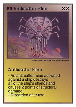 Need: 0    Want: 0    Have: 35 (+10)    Will Trade: 31    In Storage: 20              E5 ‑ Antimatter Mine  Set: UE  Rarity: V1    Artist: Melissa A. Benson    