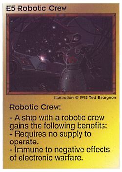 Need: 0    Want: 0    Have: 67    Will Trade: 59    In Storage: 42              E5 ‑ Robotic Crew  Set: NE  Rarity: C1    Artist: Ted Beargeon    