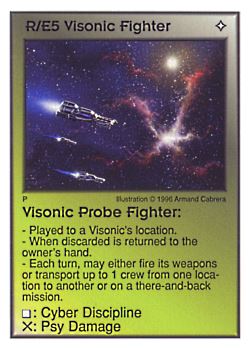Need: 0    Want: 0    Have: 12    Will Trade: 4    In Storage: 7              R/E5 ‑ Visonic Fighter ‑ Visonic Probe Fighter  Set: Per  Rarity: U1    Artist: Armand Cabrera    