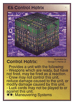 Need: 0    Want: 12    Have: 1    Will Trade: 0    In Storage: 0              E6 ‑ Control Matrix  Set: Pro0  Rarity: Pro0    Artist: George T. Henne Jr.    