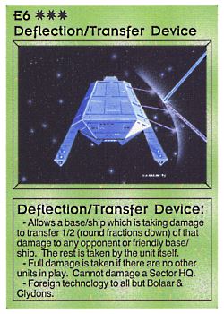 Need: 0    Want: 0    Have: 28 (+1)    Will Trade: 23    In Storage: 21              E6 ‑ Deflection/Transfer Device (Bolaar)  Set: BE  Rarity: U1    Artist: Gary A. Kalin    