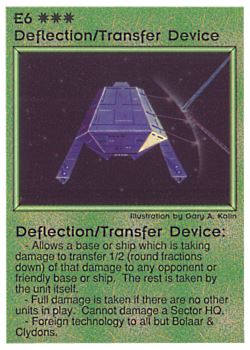 Need: 0    Want: 0    Have: 9 (+9)    Will Trade: 6    In Storage: 1              E6 ‑ Deflection/Transfer Device (Bolaar)  Set: PE  Rarity: V1    Artist: Gary A. Kalin    