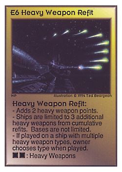 Need: 0    Want: 0    Have: 75 (+43)    Will Trade: 72    In Storage: 50              E6 ‑ Heavy Weapon Refit  Set: UE  Rarity: R1    Artist: Ted Beargeon    