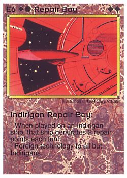 Need: 0    Want: 8    Have: 5    Will Trade: 0    In Storage: 0              E6 ‑ Repair Bay ‑ Indirigan Repair Bay  Set: PE  Rarity: V1    Artist: Gary A. Kalin    