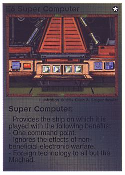 Need: 0    Want: 0    Have: 22 (+101)    Will Trade: 19    In Storage: 18              E6 ‑ Super Computer (2nd Print)  Set: PE  Rarity: R1    Artist: Cline A. Siegenthaler*    