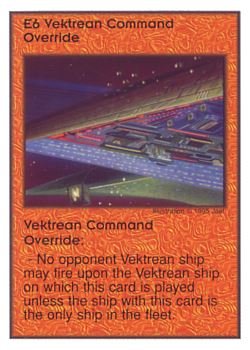 Need: 0    Want: 0    Have: 8    Will Trade: 2    In Storage: 1              E6 ‑ Vektrean Command Override  Set: AT  Rarity: V1    Artist: jael    