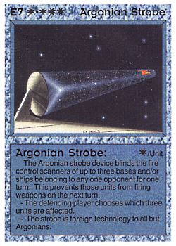 Need: 0    Want: 0    Have: 1 (+27)    Will Trade: 0    In Storage: 0              E7 ‑ Argonian Strobe  Set: AL  Rarity: U1    Artist: Gary A. Kalin    