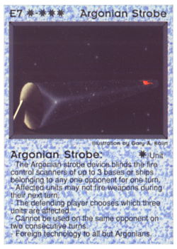 Need: 0    Want: 0    Have: 9 (+29)    Will Trade: 6    In Storage: 4              E7 ‑ Argonian Strobe  Set: PE  Rarity: V1    Artist: Gary A. Kalin    