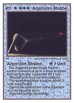 Need: 0    Want: 0    Have: 29 (+9)    Will Trade: 26    In Storage: 23              E7 ‑ Argonian Strobe  Set: UE  Rarity: V1    Artist: Gary A. Kalin    