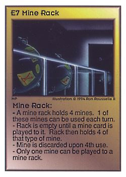 Need: 0    Want: 0    Have: 26 (+3)    Will Trade: 23    In Storage: 14              E7 ‑ Mine Rack  Set: UE  Rarity: V1    Artist: Ron Rousselle II    