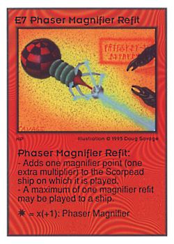 Need: 0    Want: 0    Have: 43 (+6)    Will Trade: 40    In Storage: 11              E7 ‑ Phaser Magnifier Refit  Set: UE  Rarity: V3    Artist: Doug Savage    