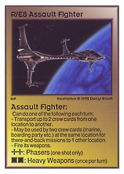Need: 0    Want: 0    Have: 35 (+5)    Will Trade: 33    In Storage: 25              R/E8 ‑ Assault Fighter  Set: UE  Rarity: V1    Artist: Darryl Elliott    