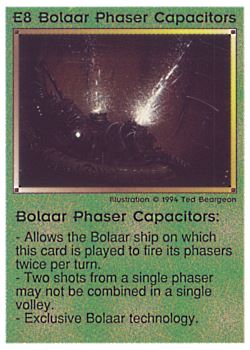 Need: 0    Want: 6    Have: 7    Will Trade: 0    In Storage: 0              E8 ‑ Bolaar Phaser Capacitors  Set: PE  Rarity: V1    Artist: Ted Beargeon    