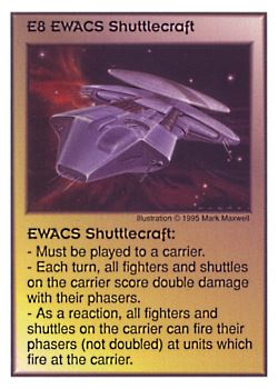 Need: 1    Want: 9    Have: 3    Will Trade: 0    In Storage: 0              E8 ‑ EWACS Shuttlecraft  Set: AT  Rarity: V1    Artist: Mark Maxwell    
