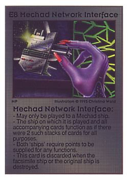 Need: 0    Want: 0    Have: 38 (+8)    Will Trade: 36    In Storage: 33              E8 ‑ Mechad Network Interface  Set: UE  Rarity: V1    Artist: Christina Wald    