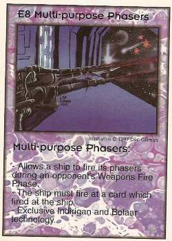 Need: 3    Want: 9    Have: 0    Will Trade: 0    In Storage: 0              E8 ‑ Multi‑purpose Phasers  Set: Pro7  Rarity: Pro7    Artist: Dan Gillman    