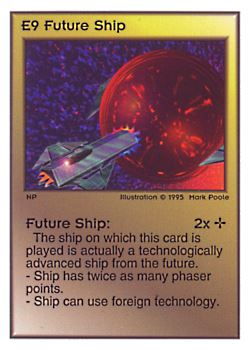 Need: 0    Want: 0    Have: 42    Will Trade: 38    In Storage: 22              E9 ‑ Future Ship  Set: TG  Rarity: V1    Artist: Mark Poole    