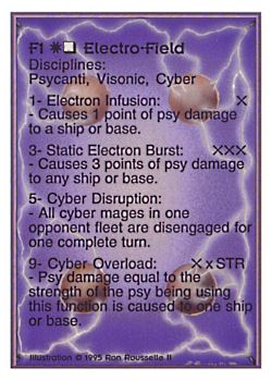 Need: 0    Want: 0    Have: 131    Will Trade: 123    In Storage: 44              F1 ‑ Electro‑Field  Set: PoM  Rarity: U1    Artist: Ron Rousselle II    