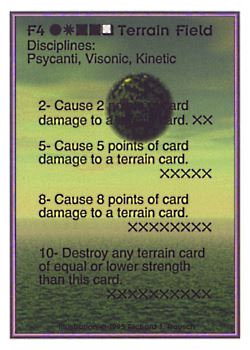Need: 0    Want: 0    Have: 29    Will Trade: 21    In Storage: 20              F4 ‑ Terrain Field  Set: PoM  Rarity: V1    Artist: Richard J. Rausch    