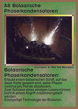 Need: 0    Want: 0    Have: 20 (+7)    Will Trade: 18    In Storage: 11              A8 ‑ Bolaar Phaser Capacitors (Bolaarische Phaserkondensatoren)  Set: GGB  Rarity: R1    Artist: Ted Beargeon    