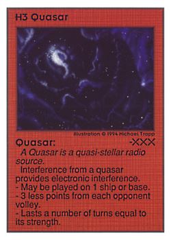 Need: 0    Want: 0    Have: 96 (+41)    Will Trade: 92    In Storage: 50              H3 ‑ Quasar  Set: UE  Rarity: R1    Artist: Michael Trapp    