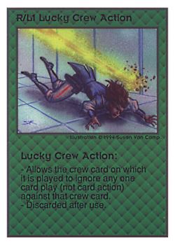 Need: 0    Want: 0    Have: 269 (+56)    Will Trade: 265    In Storage: 57              R/L1 ‑ Lucky Crew Action  Set: UE  Rarity: C1    Artist: Susan Van Camp    