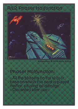 Need: 0    Want: 0    Have: 155 (+12)    Will Trade: 151    In Storage: 41              R/L2 ‑ Phaser Malfunction  Set: UE  Rarity: U1    Artist: Mark Poole    