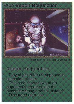 Need: 0    Want: 0    Have: 35 (+87)    Will Trade: 31    In Storage: 27              R/L3 ‑ Repair Malfunction  Set: PE  Rarity: R1    Artist: Ron Rousselle II    