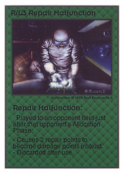 Need: 0    Want: 0    Have: 87 (+35)    Will Trade: 83    In Storage: 50              R/L3 ‑ Repair Malfunction  Set: UE  Rarity: R1    Artist: Ron Rousselle II    