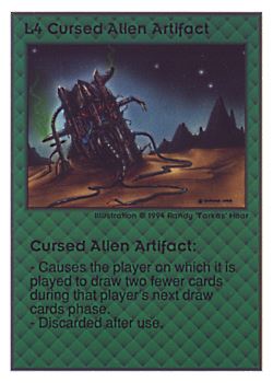 Need: 0    Want: 0    Have: 217 (+57)    Will Trade: 213    In Storage: 81              L4 ‑ Cursed Alien Artifact  Set: UE  Rarity: U1    Artist: Randy 'Tarkas' Hoar    