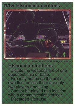 Need: 0    Want: 0    Have: 28 (+15)    Will Trade: 24    In Storage: 19              R/L4 ‑ Miscommunications  Set: PE  Rarity: V2    Artist: Douglas Shuler    