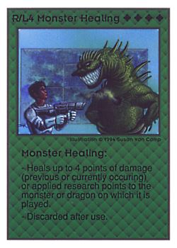 Need: 0    Want: 0    Have: 82 (+33)    Will Trade: 78    In Storage: 50              R/L4 ‑ Monster Healing  Set: UE  Rarity: R1    Artist: Susan Van Camp    