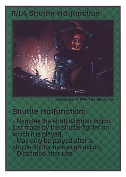 Need: 0    Want: 0    Have: 220 (+50)    Will Trade: 216    In Storage: 47              R/L4 ‑ Shuttle Malfunction  Set: UE  Rarity: U1    Artist: Ted Beargeon    