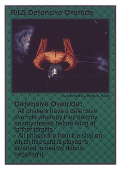 Need: 0    Want: 0    Have: 104 (+10)    Will Trade: 100    In Storage: 50              R/L5 ‑ Defensive Override  Set: UE  Rarity: R1    Artist: Gary A. Kalin    